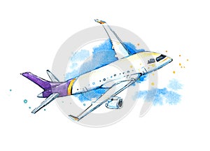 Illustration of a watercolor plane in the sky