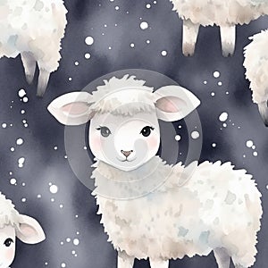 illustration of watercolor seamless pattern with cute cartoon white sheep, Generative ai