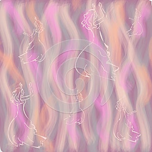 Illustration of watercolor strokes with silhouettes of girls dancers. Wallpaper
