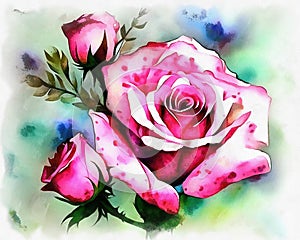 Illustration of pink rose flower in watercolor style on paper canvas, generative AI photo