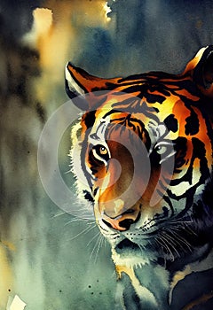 illustration of watercolor tiger, abstract color background, eye contact. Digital art.