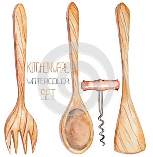 An illustration with the watercolor wooden kitchenware: scapula, spoon, fork and corkscrew