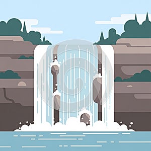 Illustration of a waterfall cascading down rocky cliffs, with a serene blue sky above.