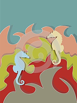 Illustration with waves and seahorses