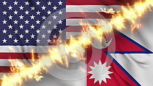 Illustration of a waving flag of Nepal and the United States separated by a line of fire.