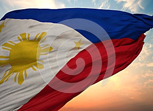 Illustration of a waving flag of Phillipines with golden sunset sky on the background