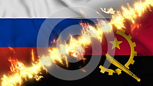 Illustration of a waving flag of russia and Angola separated by a line of fire.