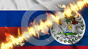 Illustration of a waving flag of russia and Belize separated by a line of fire.