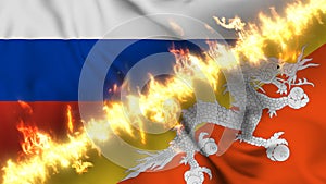 Illustration of a waving flag of russia and Bhutan separated by a line of fire.