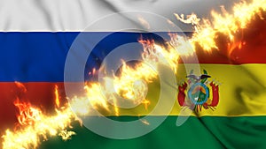 Illustration of a waving flag of russia and Bolivia separated by a line of fire.