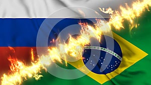 Illustration of a waving flag of russia and Brazil separated by a line of fire.