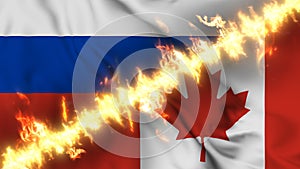 Illustration of a waving flag of russia and Canada separated by a line of fire.