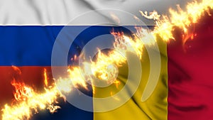 Illustration of a waving flag of russia and Chad separated by a line of fire.