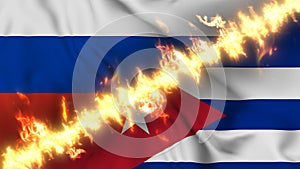 Illustration of a waving flag of russia and Cuba separated by a line of fire.