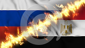 Illustration of a waving flag of russia and Egypt separated by a line of fire.