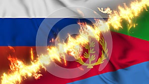 Illustration of a waving flag of russia and Eritrea separated by a line of fire.