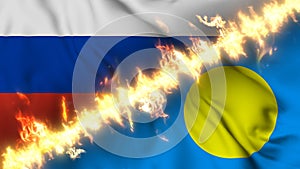 Illustration of a waving flag of russia and Palau separated by a line of fire.
