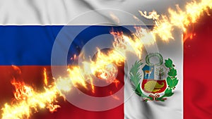 Illustration of a waving flag of russia and Peru separated by a line of fire.