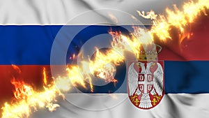 Illustration of a waving flag of russia and Serbia separated by a line of fire.