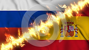Illustration of a waving flag of russia and Spain separated by a line of fire.