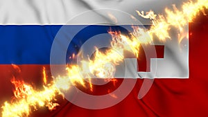 Illustration of a waving flag of russia and Tonga separated by a line of fire.