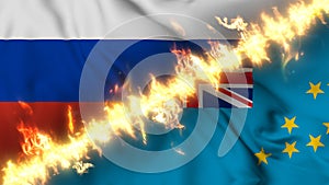 Illustration of a waving flag of russia and Tuvalu separated by a line of fire.