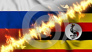 Illustration of a waving flag of russia and Uganda separated by a line of fire.