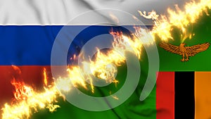 Illustration of a waving flag of russia and Zambia separated by a line of fire.