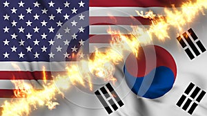 Illustration of a waving flag of South Korea and the United States separated by a line of fire.