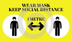 An illustration WEAR MASK KEEP SOCIAL DISTANCE 1 METRE on yellow background with icons.