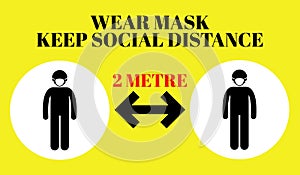 An illustration WEAR MASK KEEP SOCIAL DISTANCE 2 METRE on yellow background with icons.