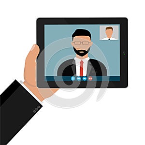 Illustration of a webinar, online conference and training. Incoming call, video call, on the tablet screen