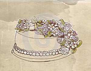 Illustration of wedding cake decorated with flowers on a grunge backgroun photo