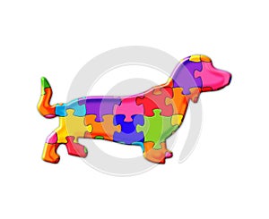 Illustration of a Weiner dog  cat composed out of colorful puzzle pieces on a white background