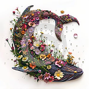 Illustration of whale made from wildflowers on white background. Stylized marine creatures. Save planet, Ecological problems,