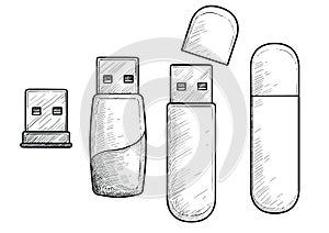 Usb pendrive illustration, drawing, engraving, ink, line art, vector