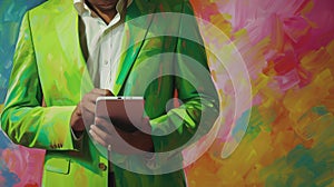 illustration in which a man is wearing a suit and holding a tablet, colorful surrealist, pop art prints