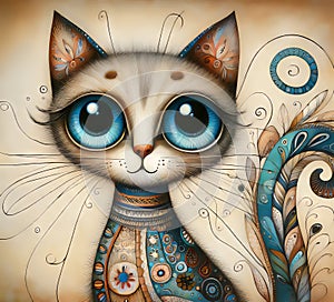 illustration whimsical cat with blue eyes , art pastel colors, traditional pattern photo