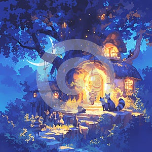 Illustration of a whimsical forest house with animals at night.