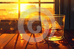 Illustration of a whiskey glass in sunset light. Concept of relaxation, end-of-day unwind, and the pleasure of solitude.