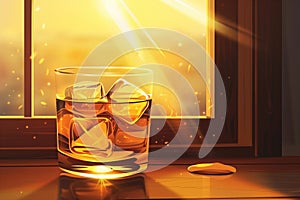 Illustration of a whiskey glass in sunset light. Concept of relaxation, end-of-day unwind, and the pleasure of solitude.