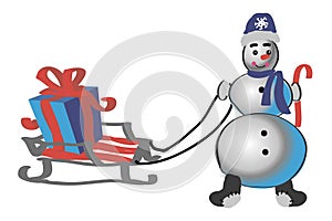 Child snowman and sleigh with gift