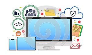 Software development concept. Set of  icons and illustrations representing development process.