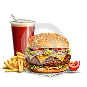 Illustration on white background - hamburger, fries and cola