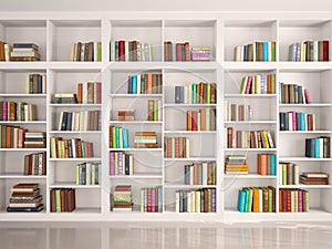 illustration of White bookshelves with various colorful books photo