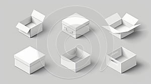 An illustration of a white cardboard box mockup set on a gray background looking like an open and closed package, a