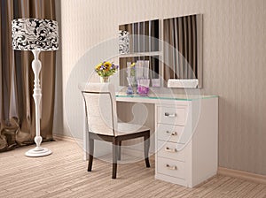Illustration of white dressing table with a mirror