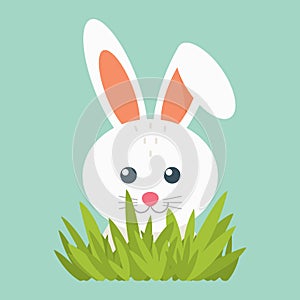 Illustration of white hare. Eps 10 vector. Illustration. Cute little animal on a blue background with grass.