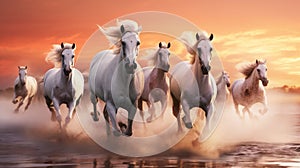 Illustration of a white herd of horses galloping at sunset