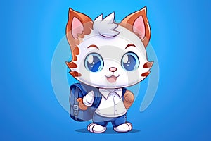 An illustration of a white kitten of schoolboy with a backpack on his back on blue background.